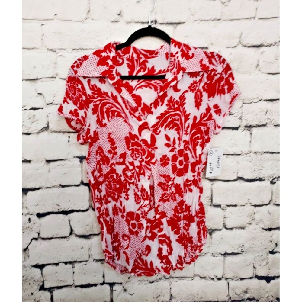Vintage Hawaii Print Womens Button up Shirt, Red & White, Medium